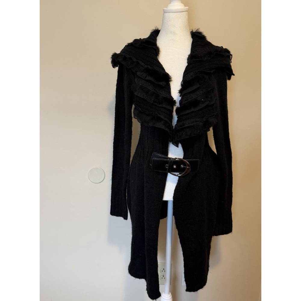 VTG Y2K Faux Fur Collar Belted Cardigan Sweater Size L Black Grunge Boho Indie